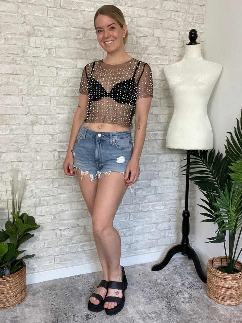 Pearl Disco Black Tulle Top