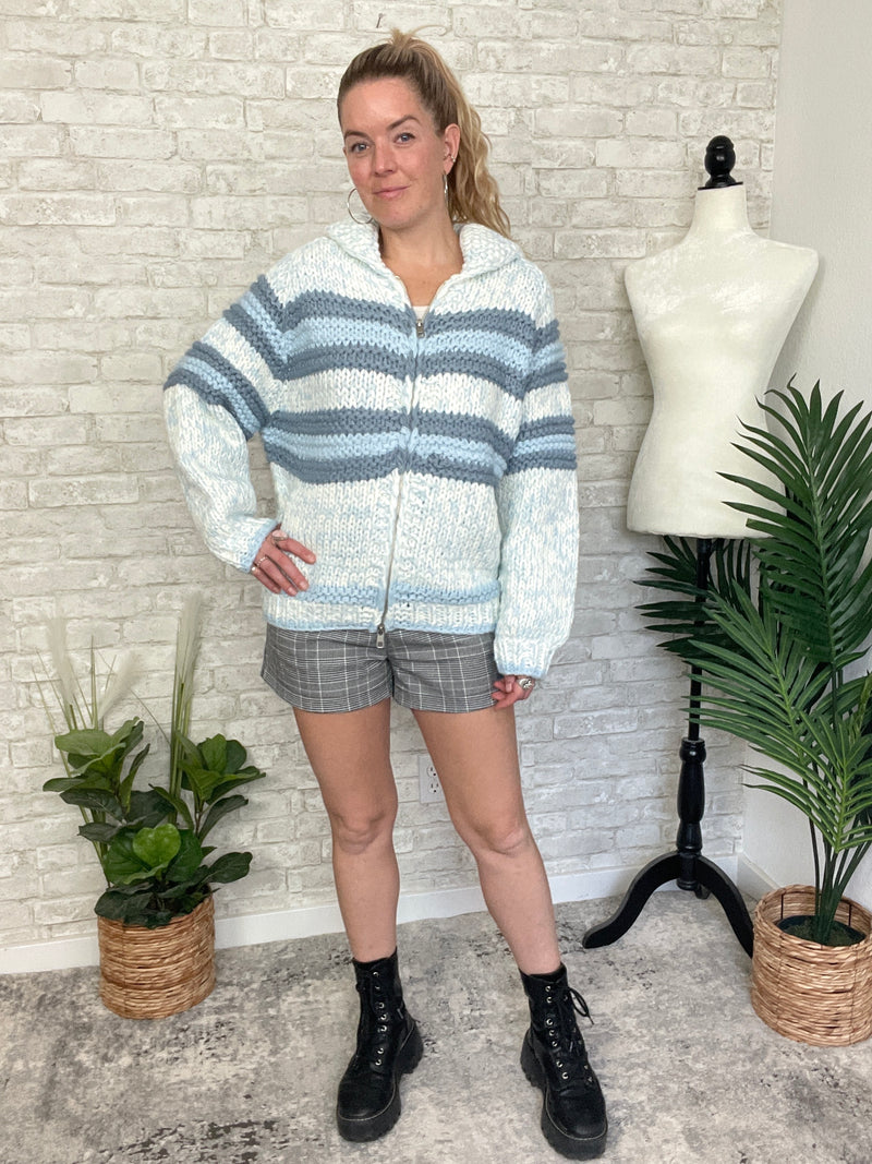 Zelda Zip Up Knit Cardigan - Blue Combo