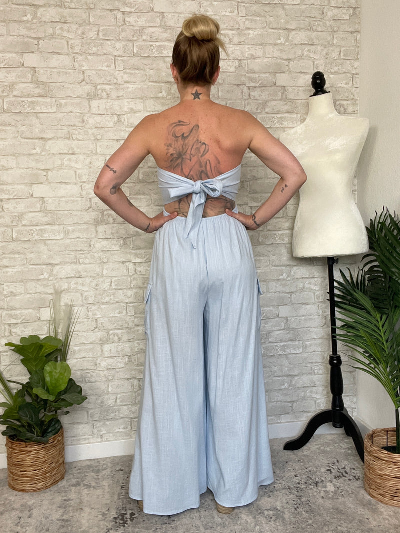 Plumeria Blue Strapless Woven Jumpsuit