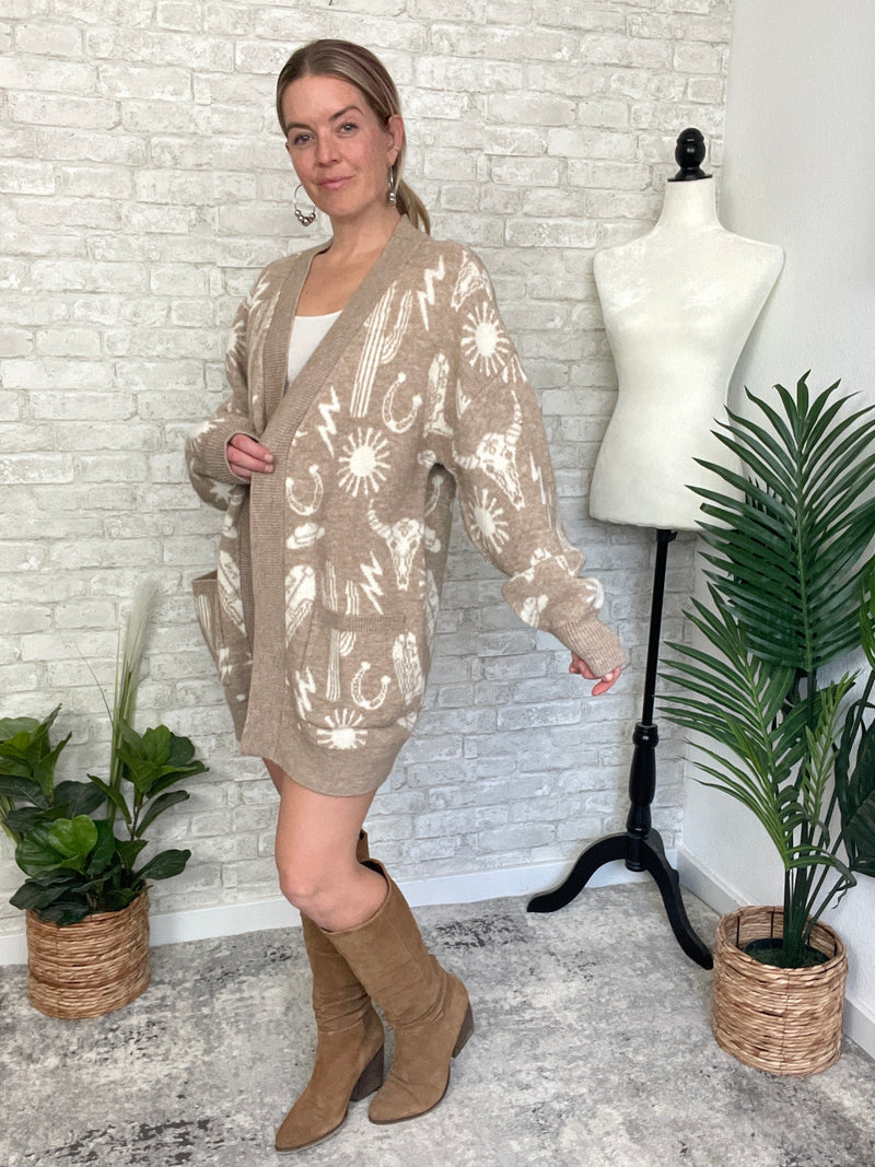 Christy Western Print Cardigan Taupe