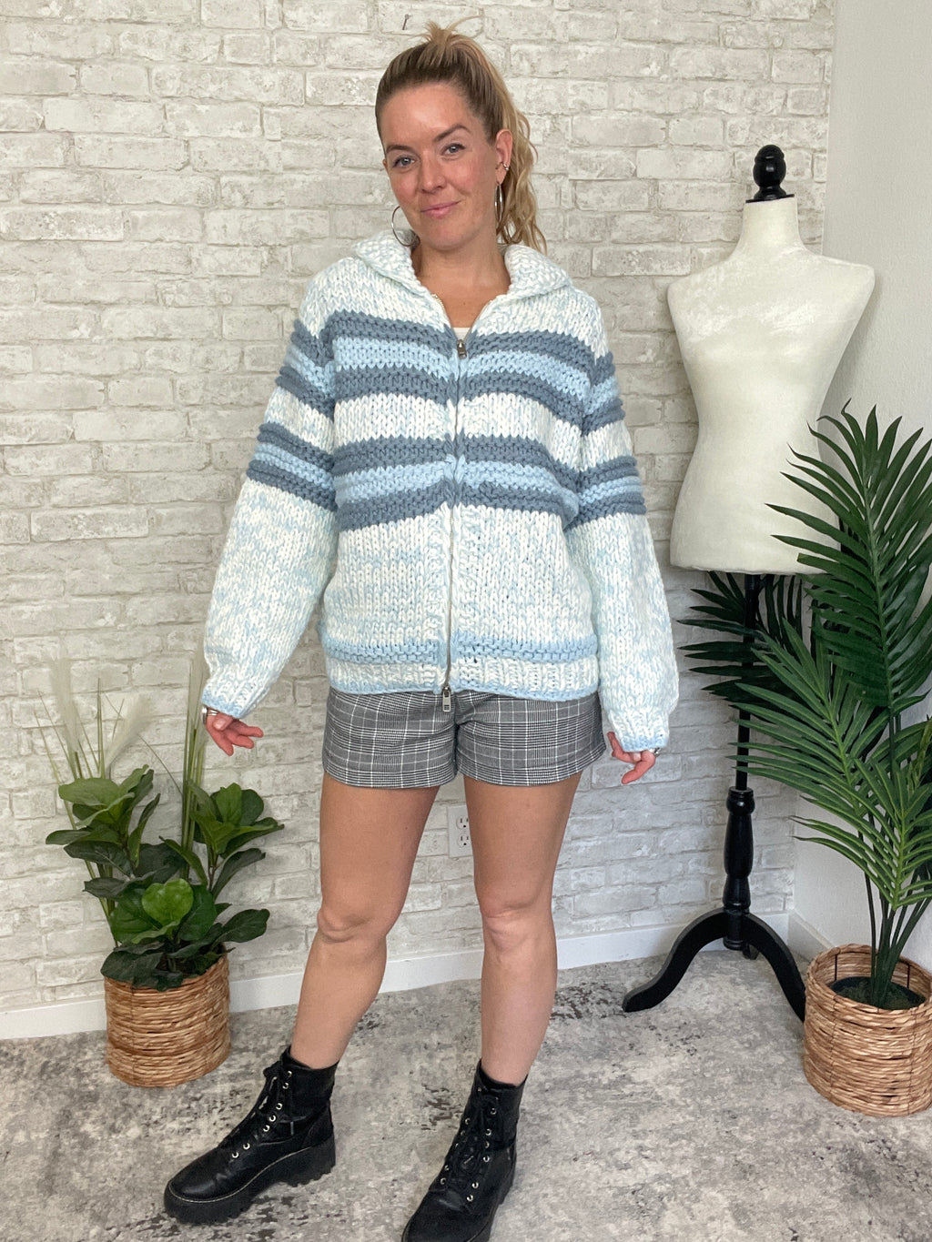 Zelda Zip Up Knit Cardigan - Blue Combo