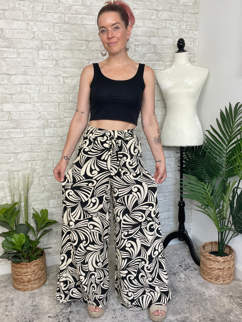 Abstract Swirls Wide Leg Pant - Black + White