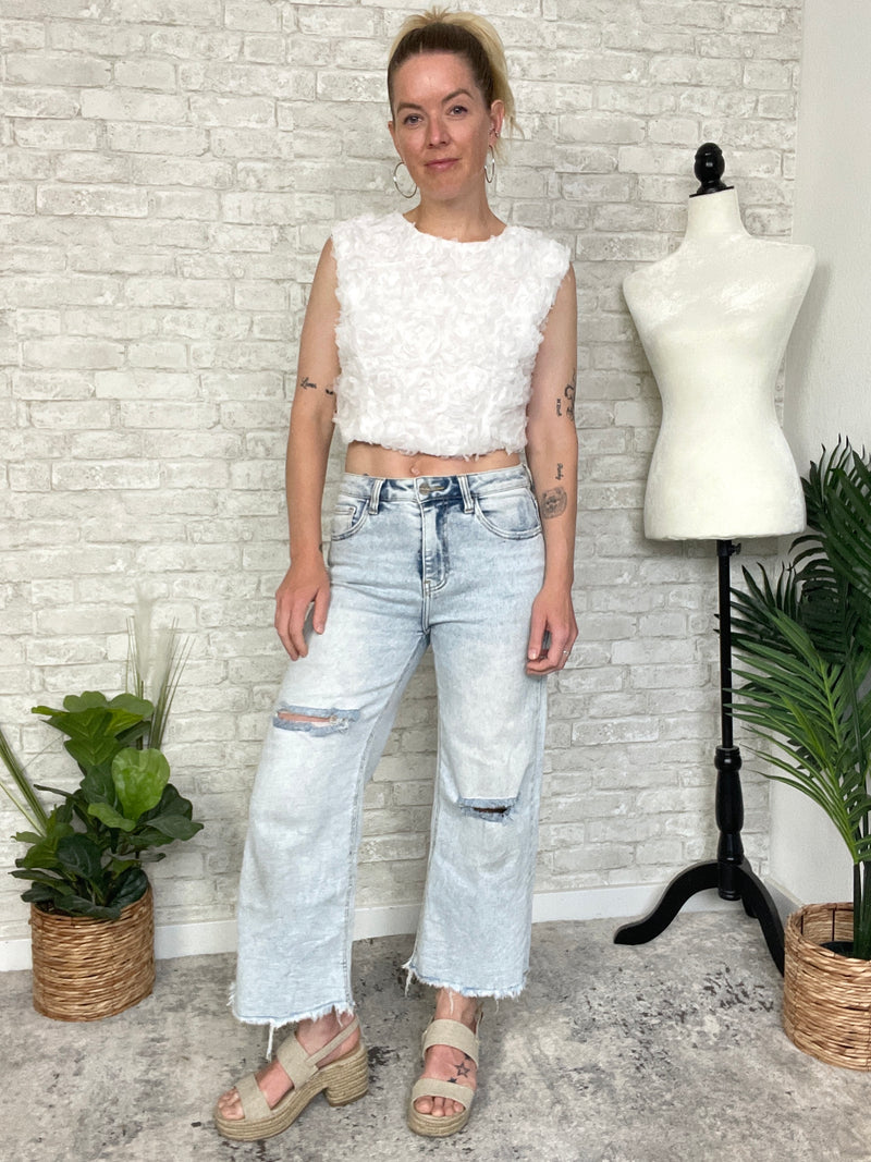 3D Floral Petal Crop Top White