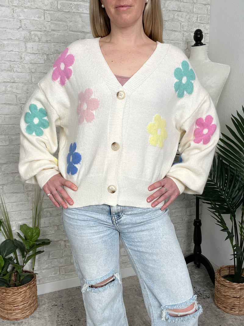 Retro Floral Cardigan Ivory