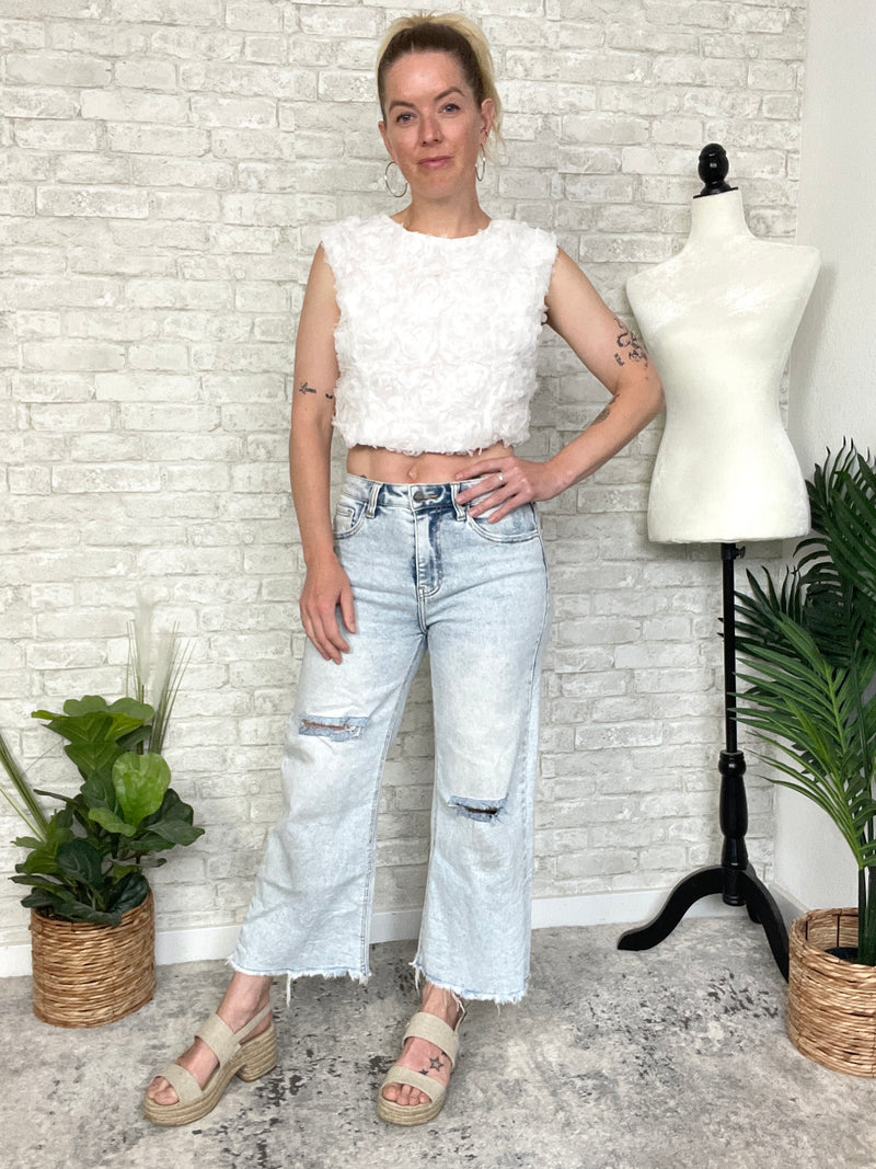 3D Floral Petal Crop Top White