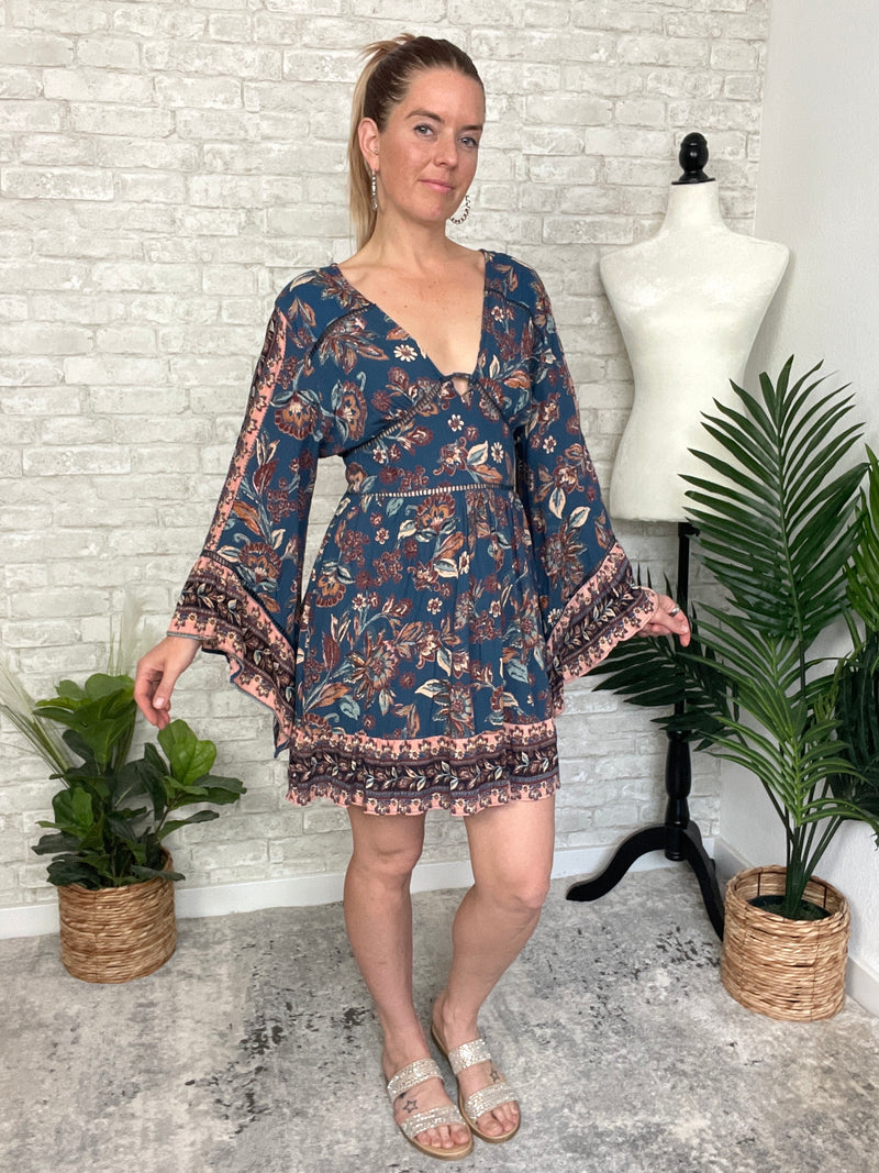 Mirabelle Teal Long Sleeve Mini Dress