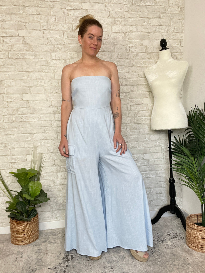 Plumeria Blue Strapless Woven Jumpsuit