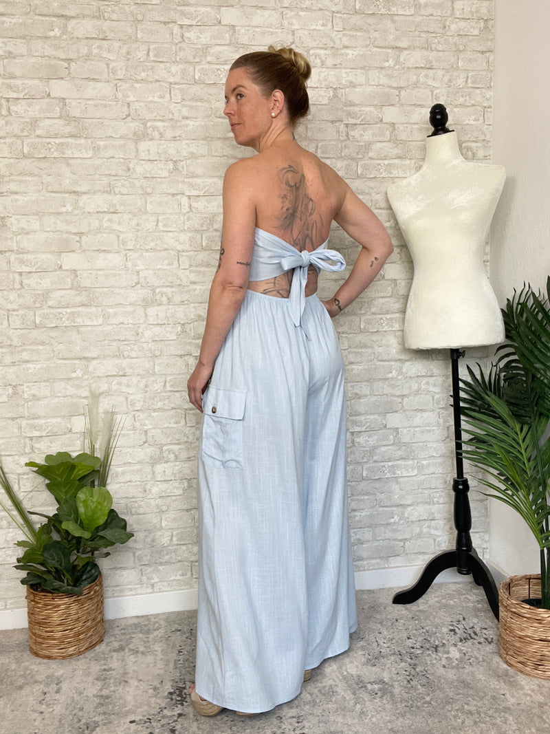 Plumeria Blue Strapless Woven Jumpsuit