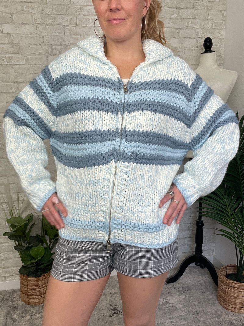 Zelda Zip Up Knit Cardigan - Blue Combo