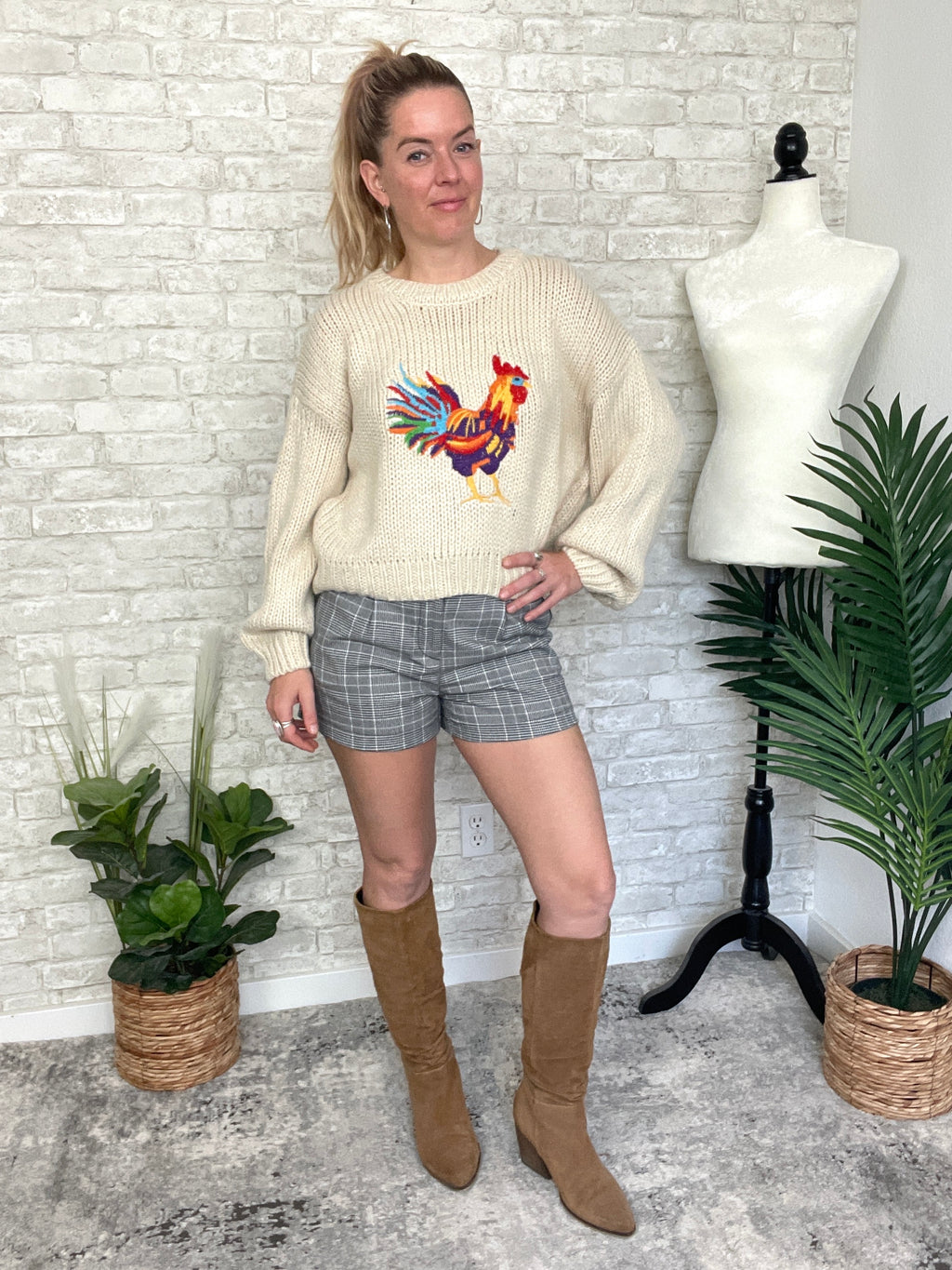 Rooster Doodle Colorful Knit Pullover