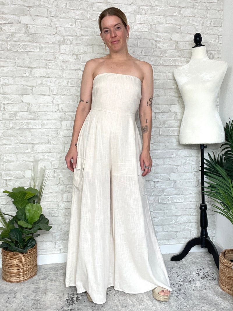 Plumeria Cream Linen Strapless Woven Jumpsuitn