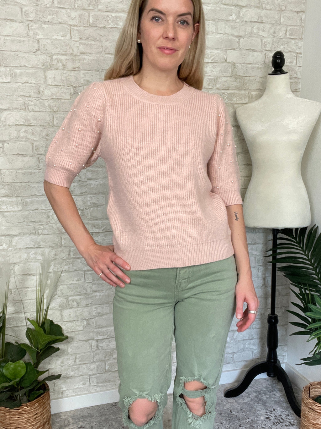 Pearl Puff Knit Top Light Pink