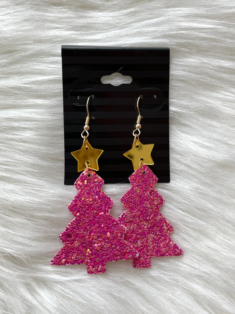 Pink Glitter Christmas Tree Earrings