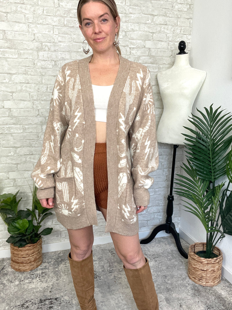 Christy Western Print Cardigan Taupe