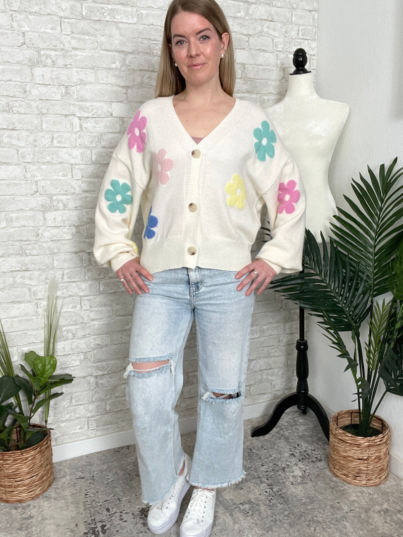 Retro Floral Cardigan Ivory