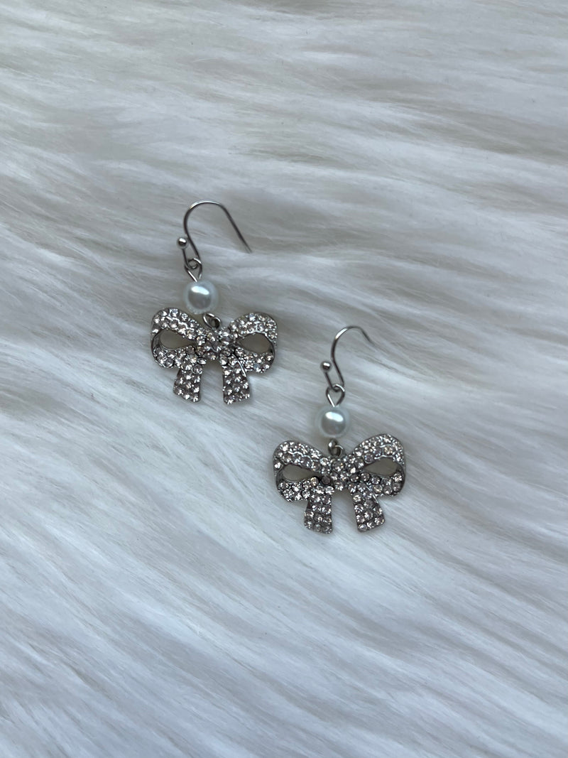 Pearl + Rhinestone Bow Earring Silver