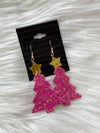 Pink Glitter Christmas Tree Earrings