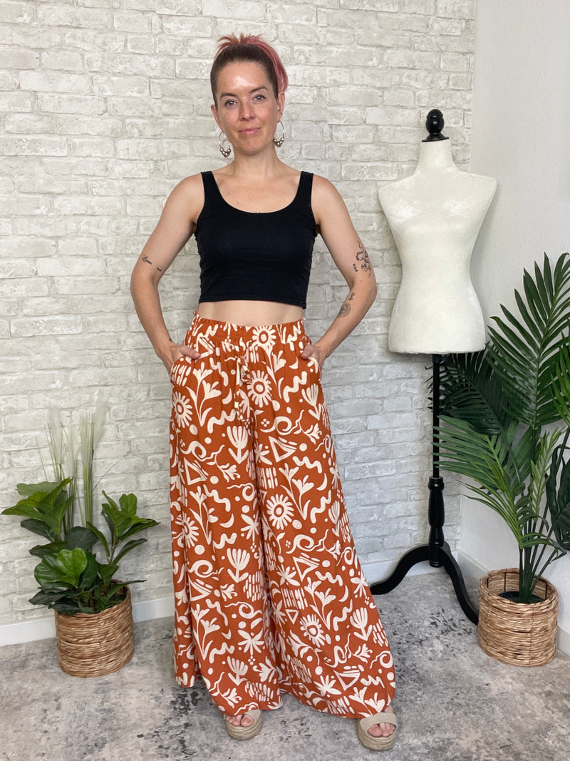 Abstract Swirls Wide Leg Pant - Ginger + Beige
