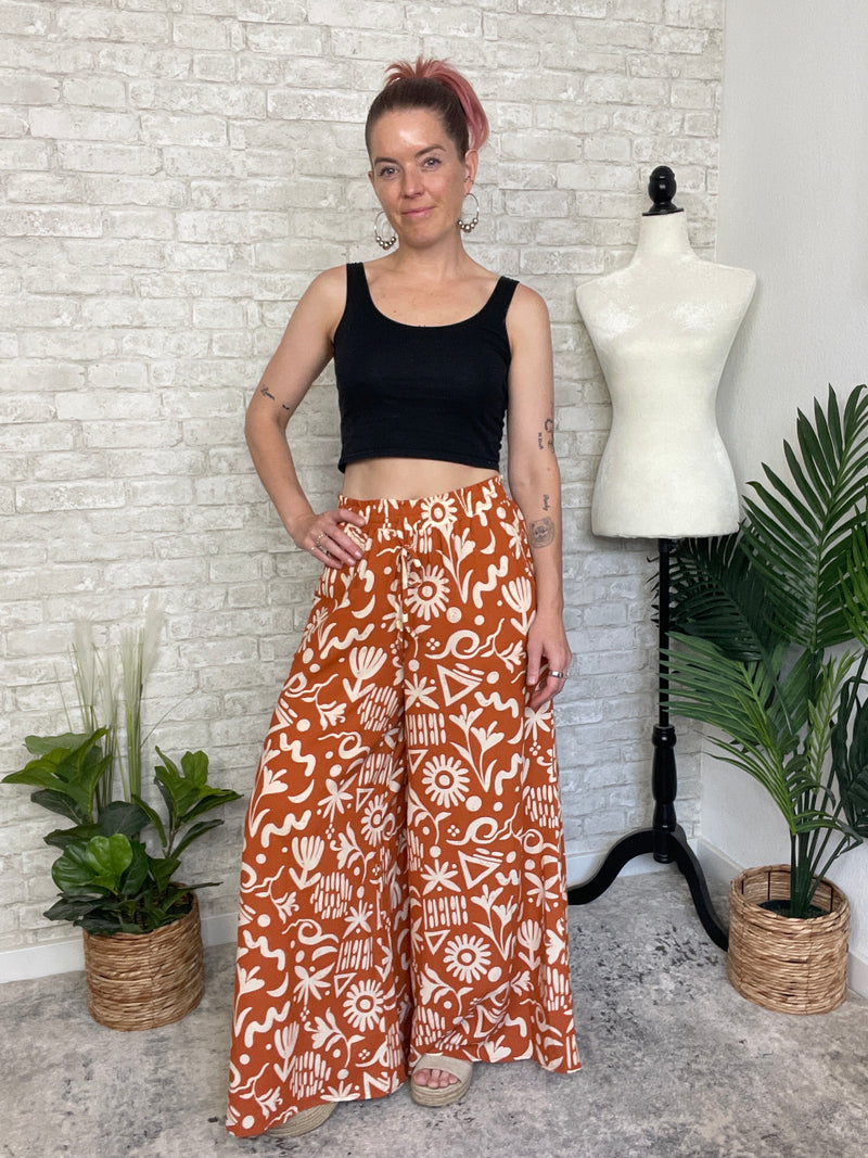 Abstract Swirls Wide Leg Pant - Ginger + Beige