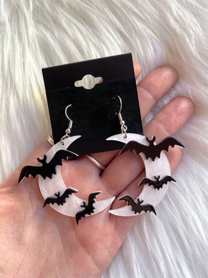 Crescent Moon With Bats Earrings