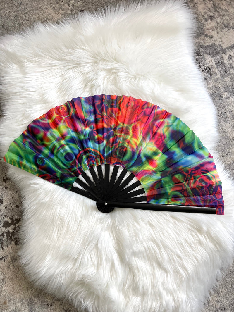 Trippy Swirl Rainbow Floral Festival Fan