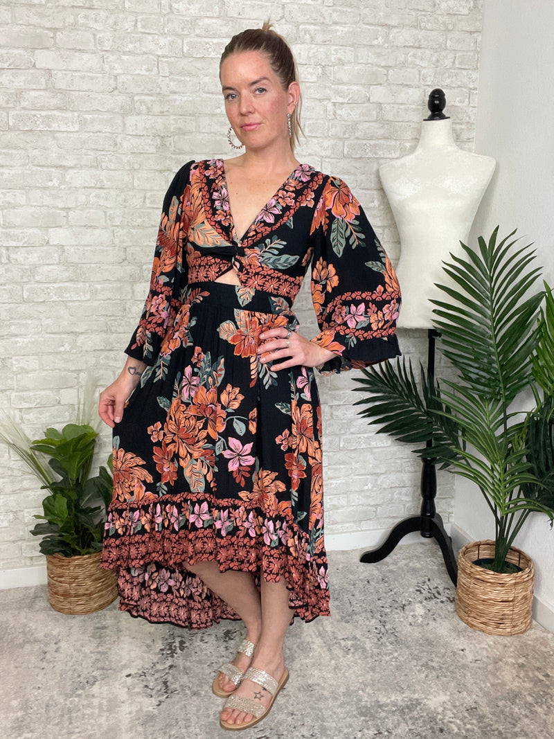 Madison Long Sleeve Twist Maxi Midnight Black+Ginger Floral
