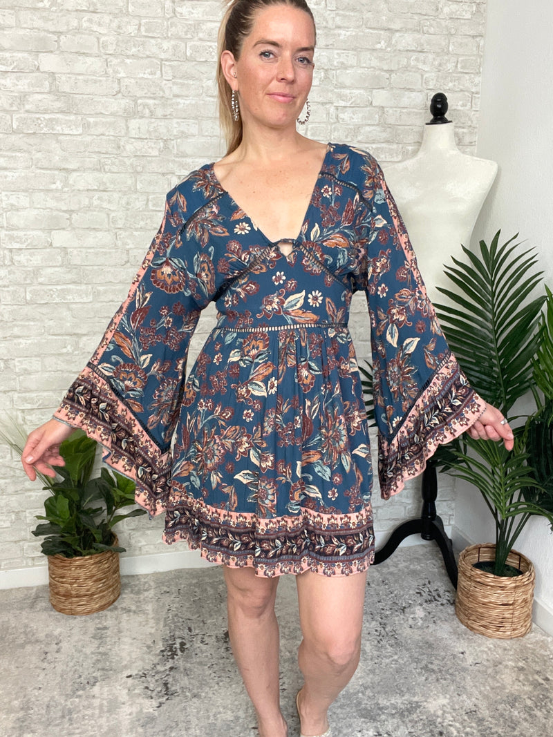 Mirabelle Teal Long Sleeve Mini Dress