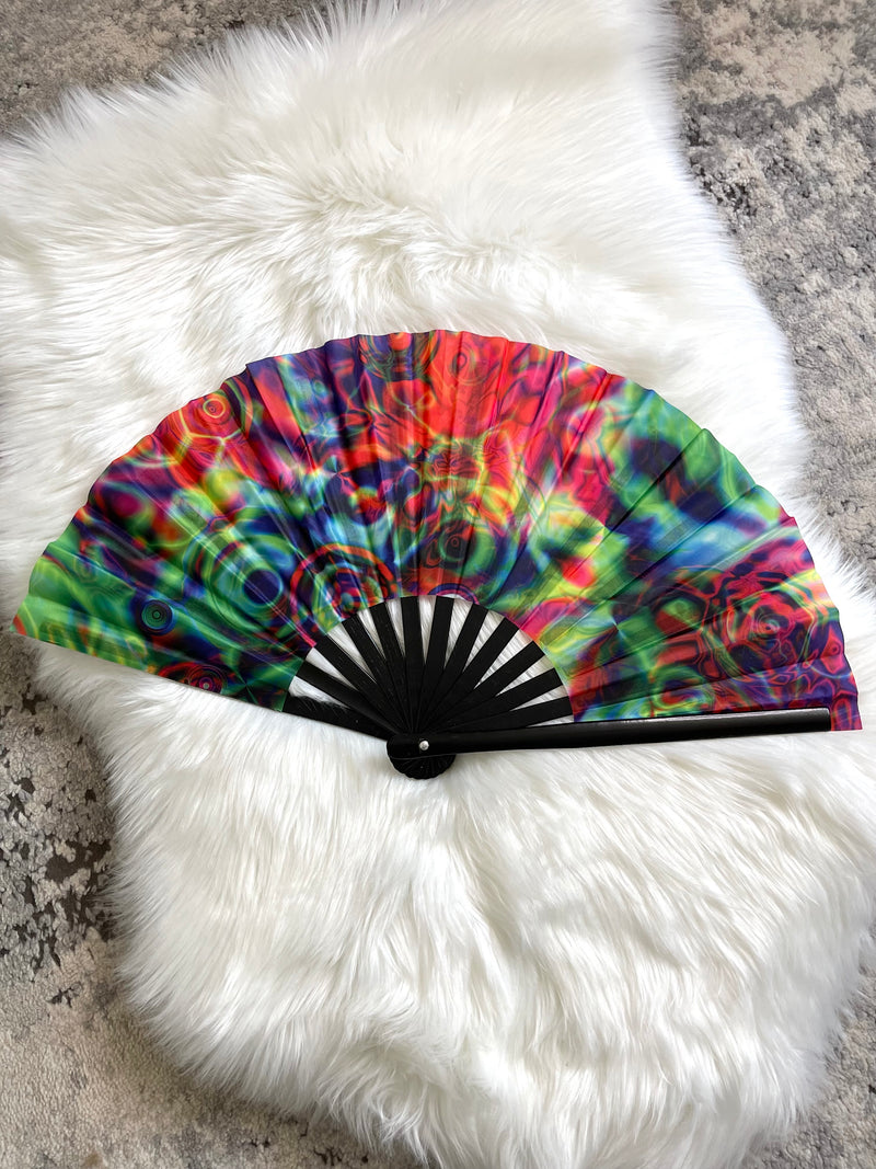 Trippy Swirl Rainbow Floral Festival Fan