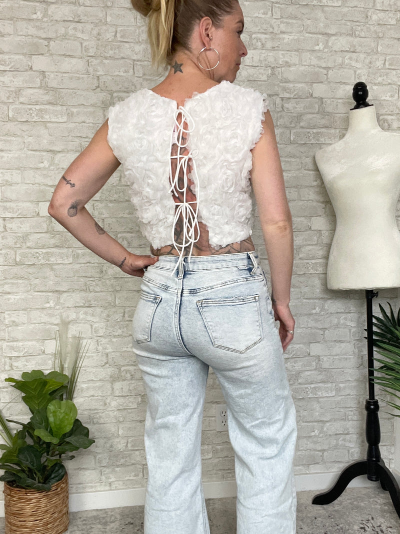 3D Floral Petal Crop Top White