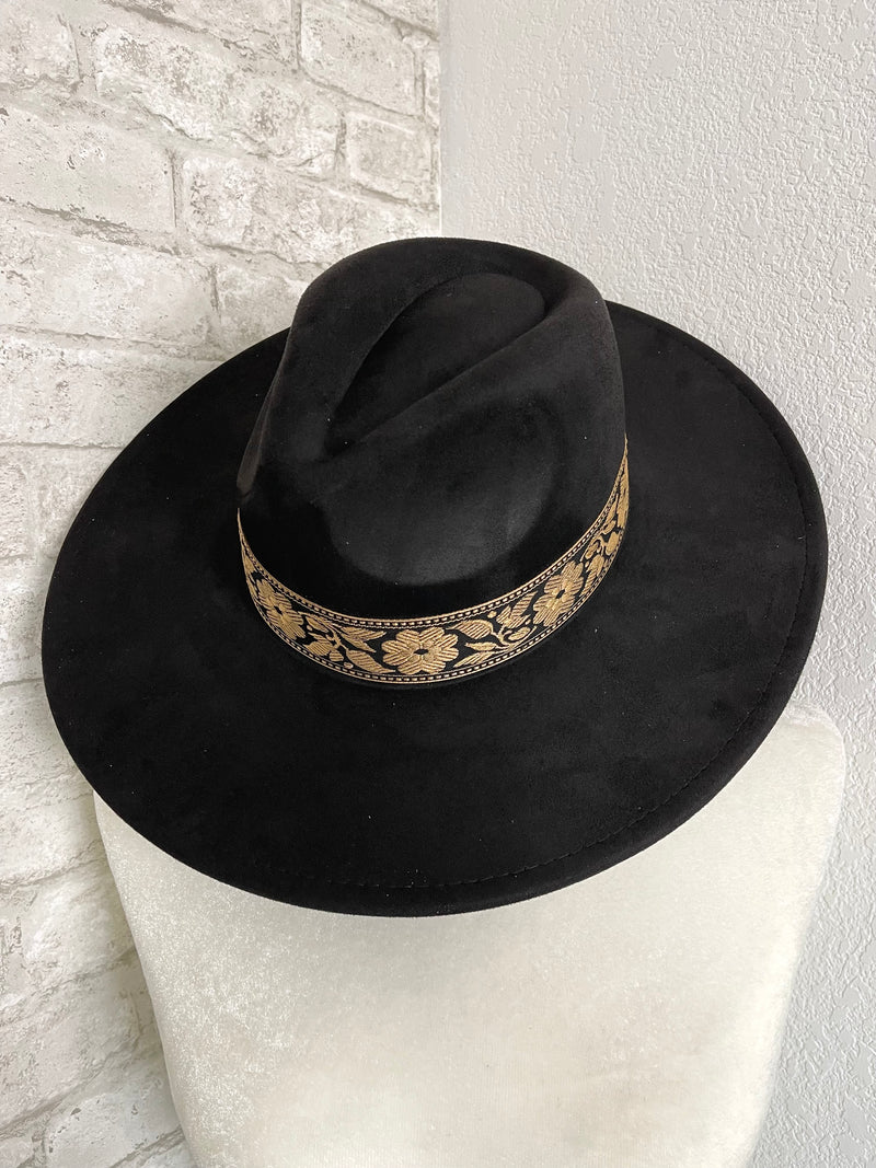 Willa Flower Band Black Wide Brim