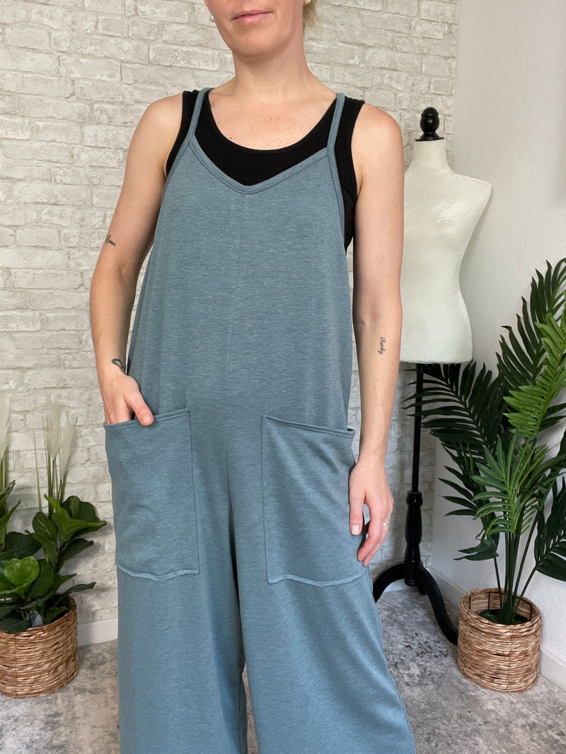 Elaine Full Length Blue Terrycloth Jumpsuit