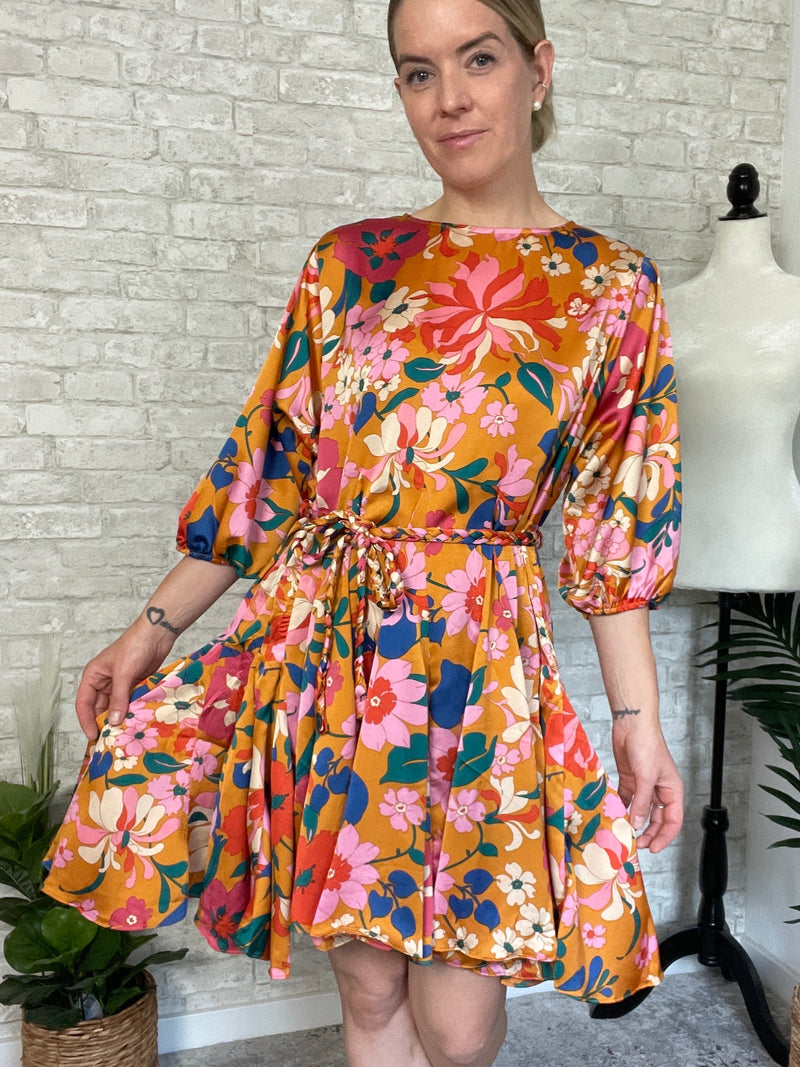 Golden Floral Satin Dress