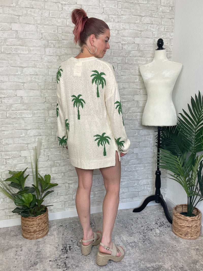 Palm Print Knit Summer Sweater