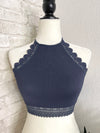 High Neck Crochet Lace Trim Blue