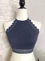 High Neck Crochet Lace Trim Blue