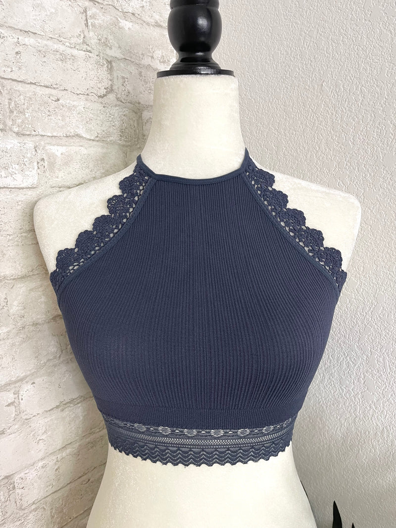 High Neck Crochet Lace Trim Blue