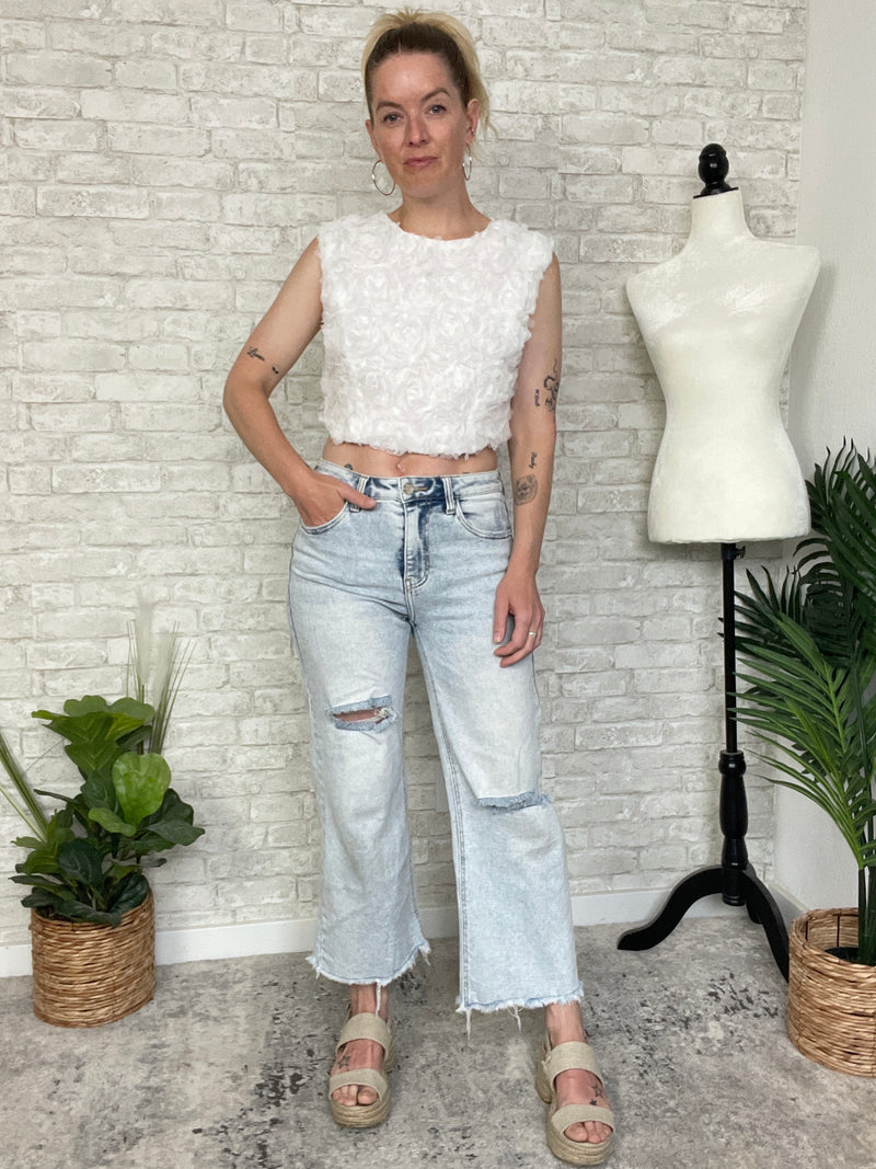 3D Floral Petal Crop Top White