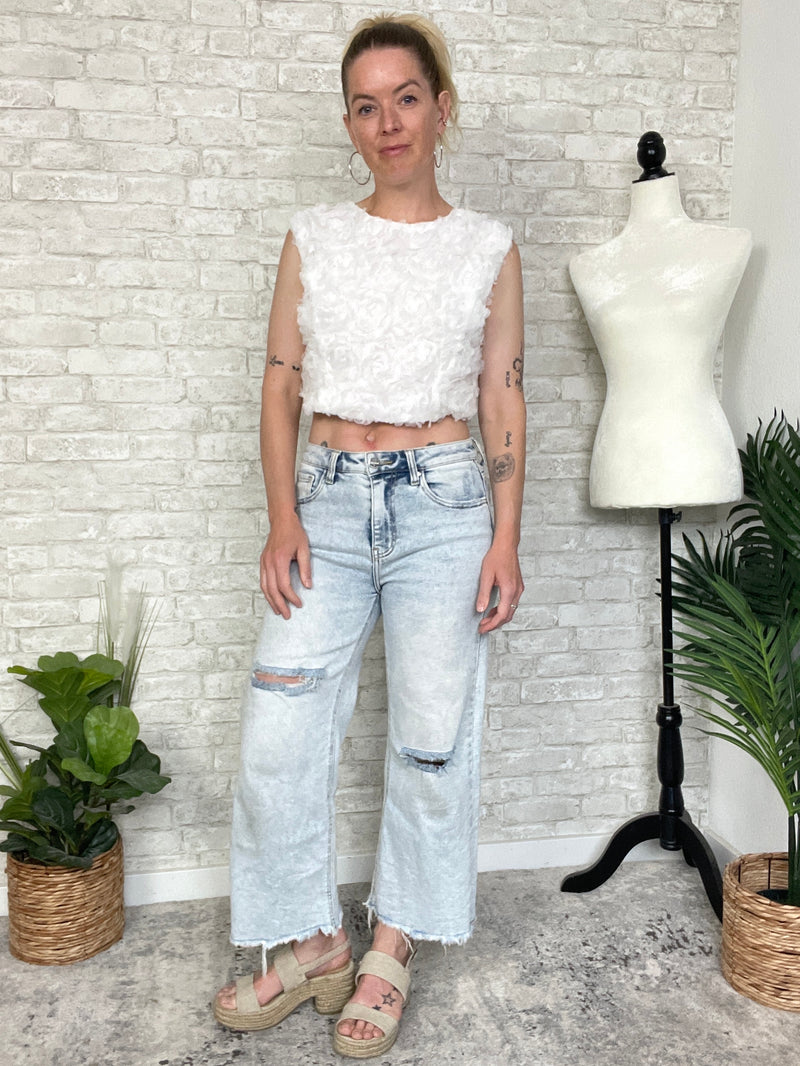 3D Floral Petal Crop Top White