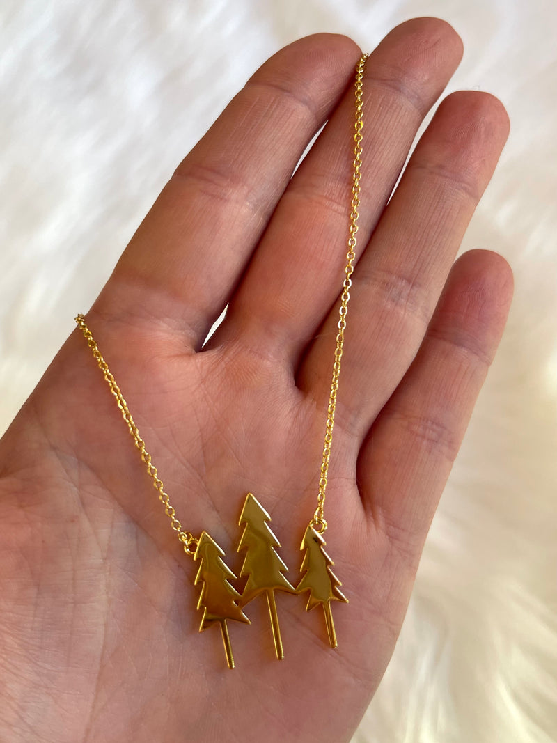 Three Tree Pendant Necklace Gold