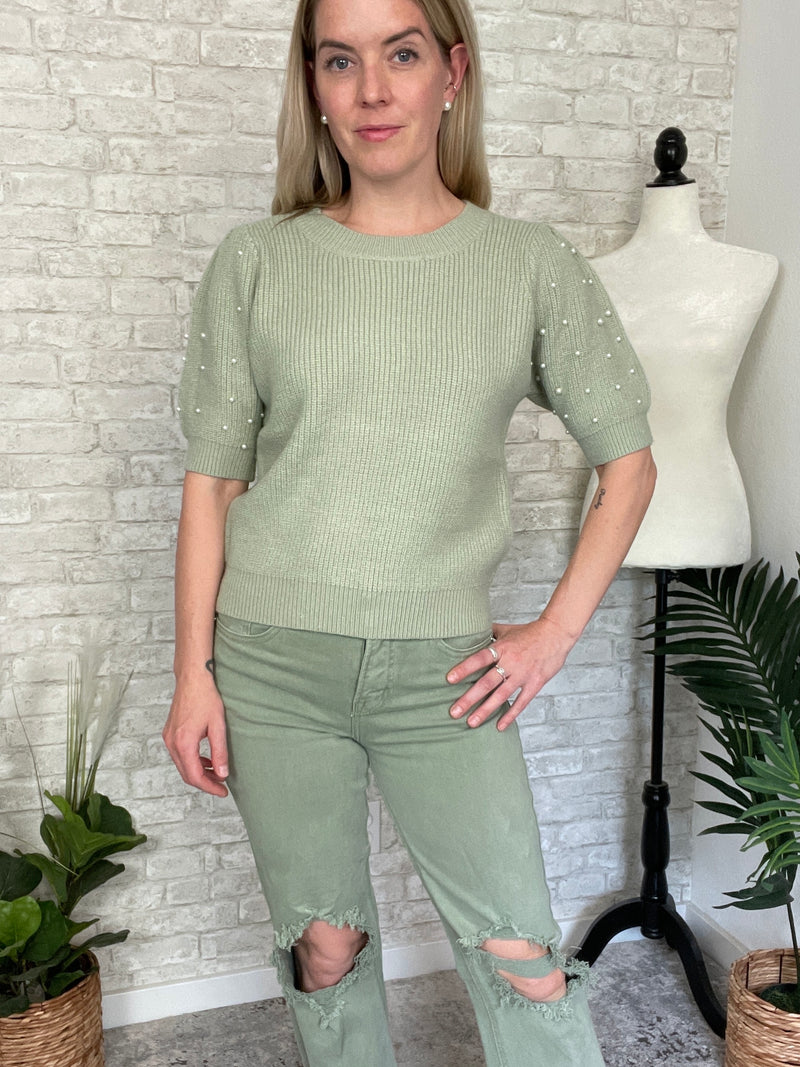 Pearl Puff Knit Top Sage