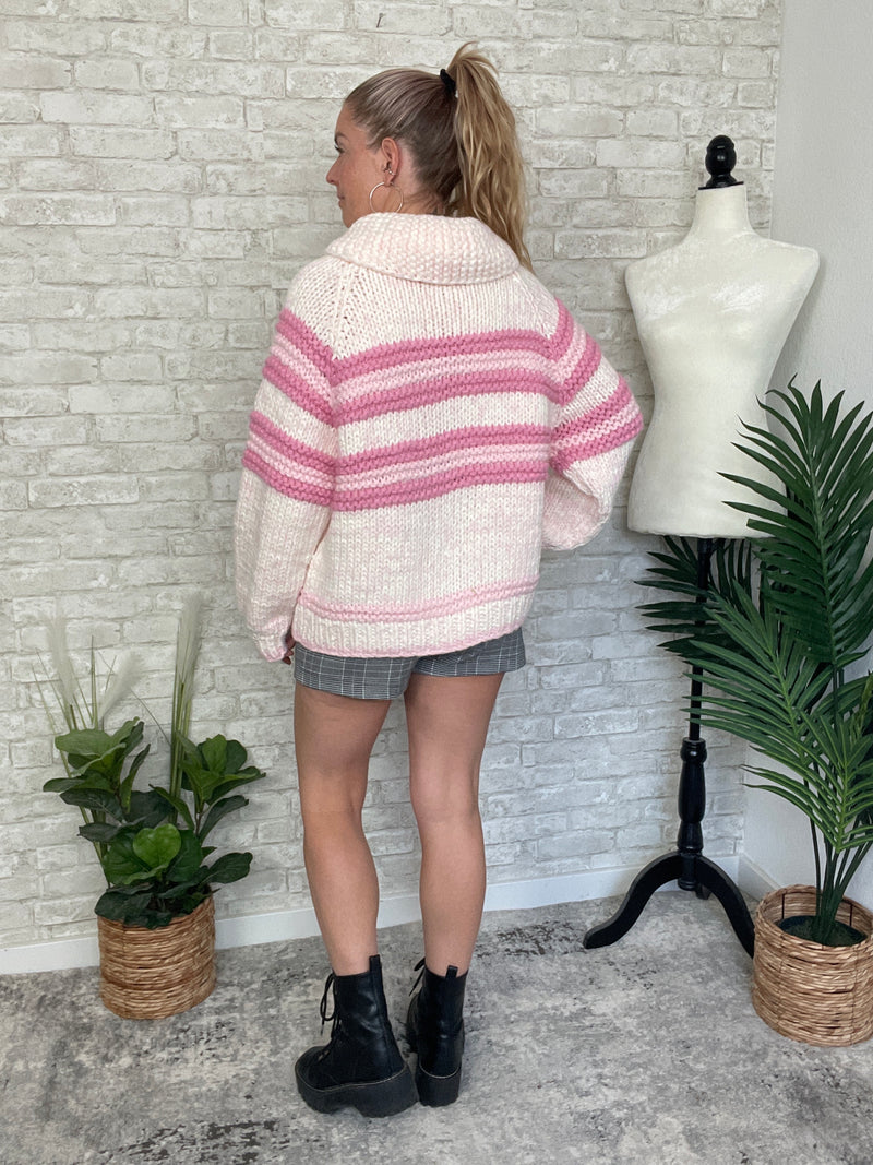 Zelda Zip Up Knit Cardigan - Pink Combo