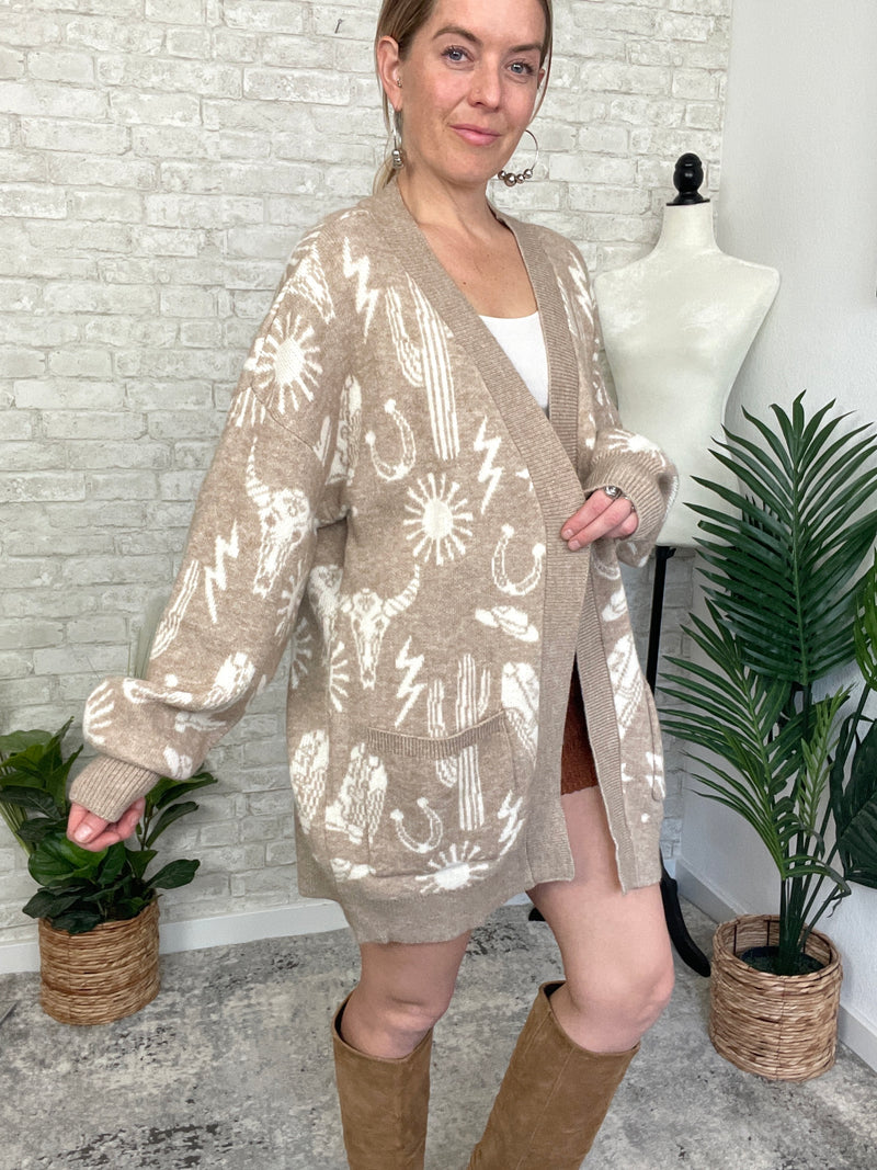 Christy Western Print Cardigan Taupe