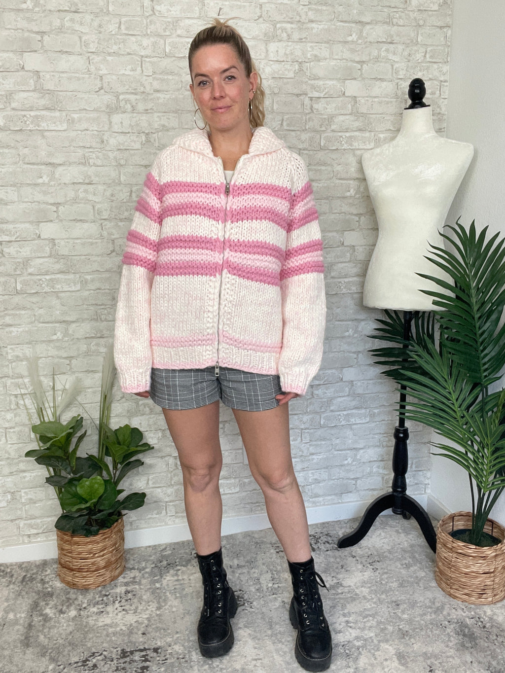 Zelda Zip Up Knit Cardigan - Pink Combo