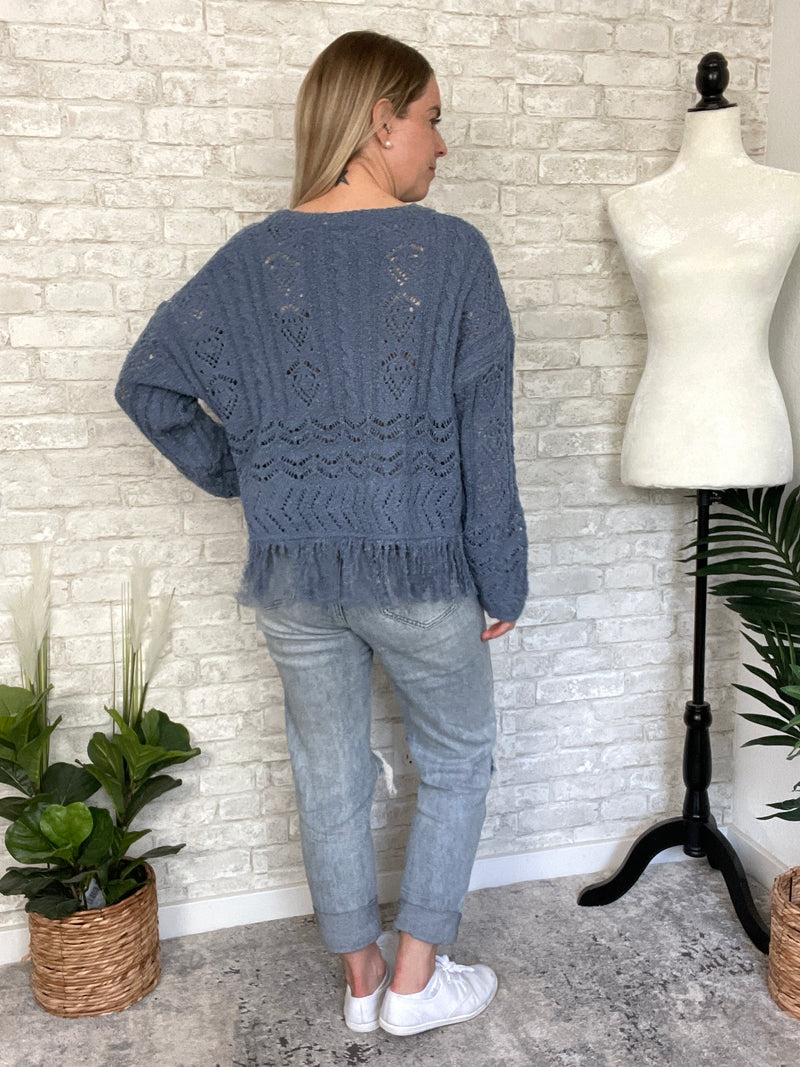 Maeve Tassel Knit Top Vintage Blue