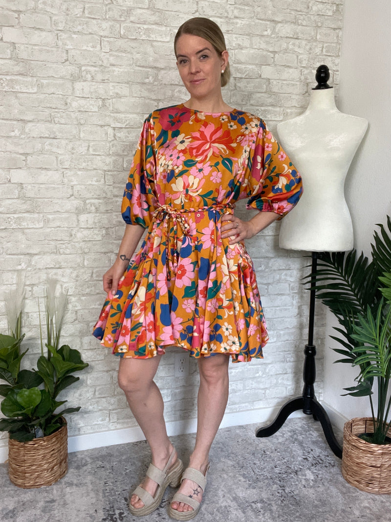 Golden Floral Satin Dress