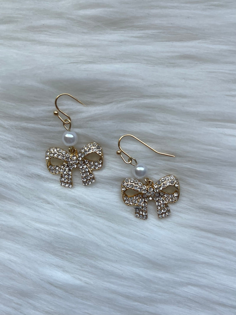 Pearl + Rhinestone Bow Earring Gold