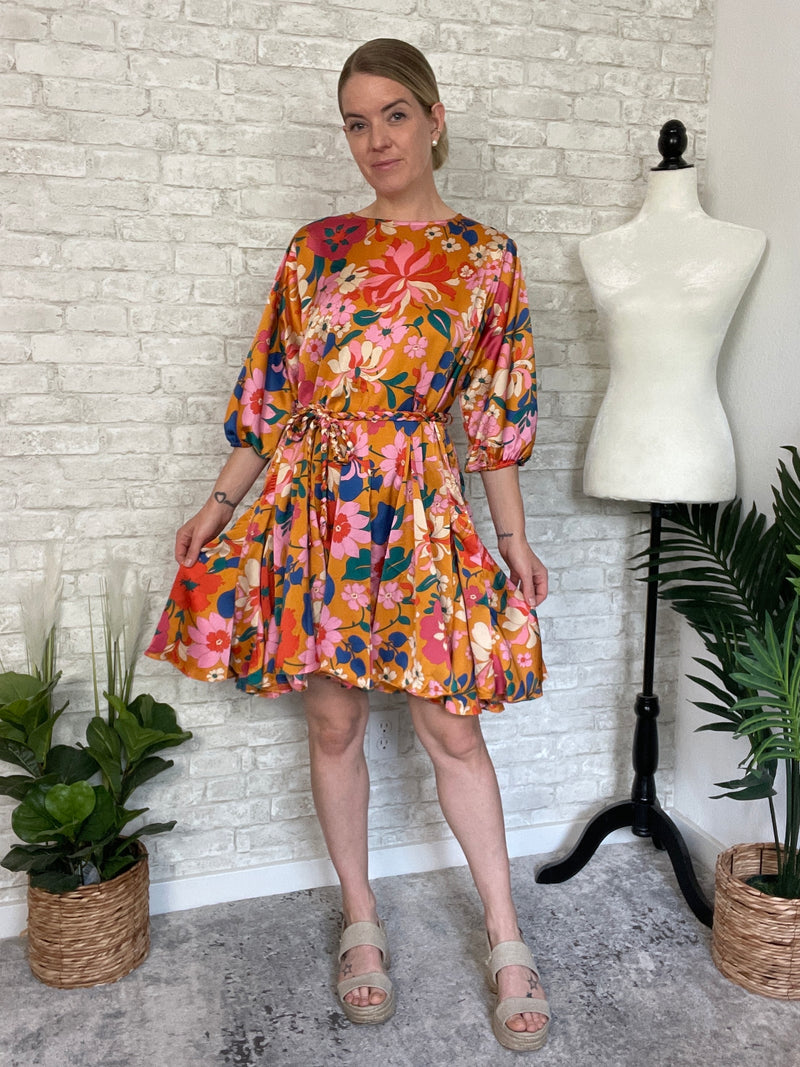Golden Floral Satin Dress