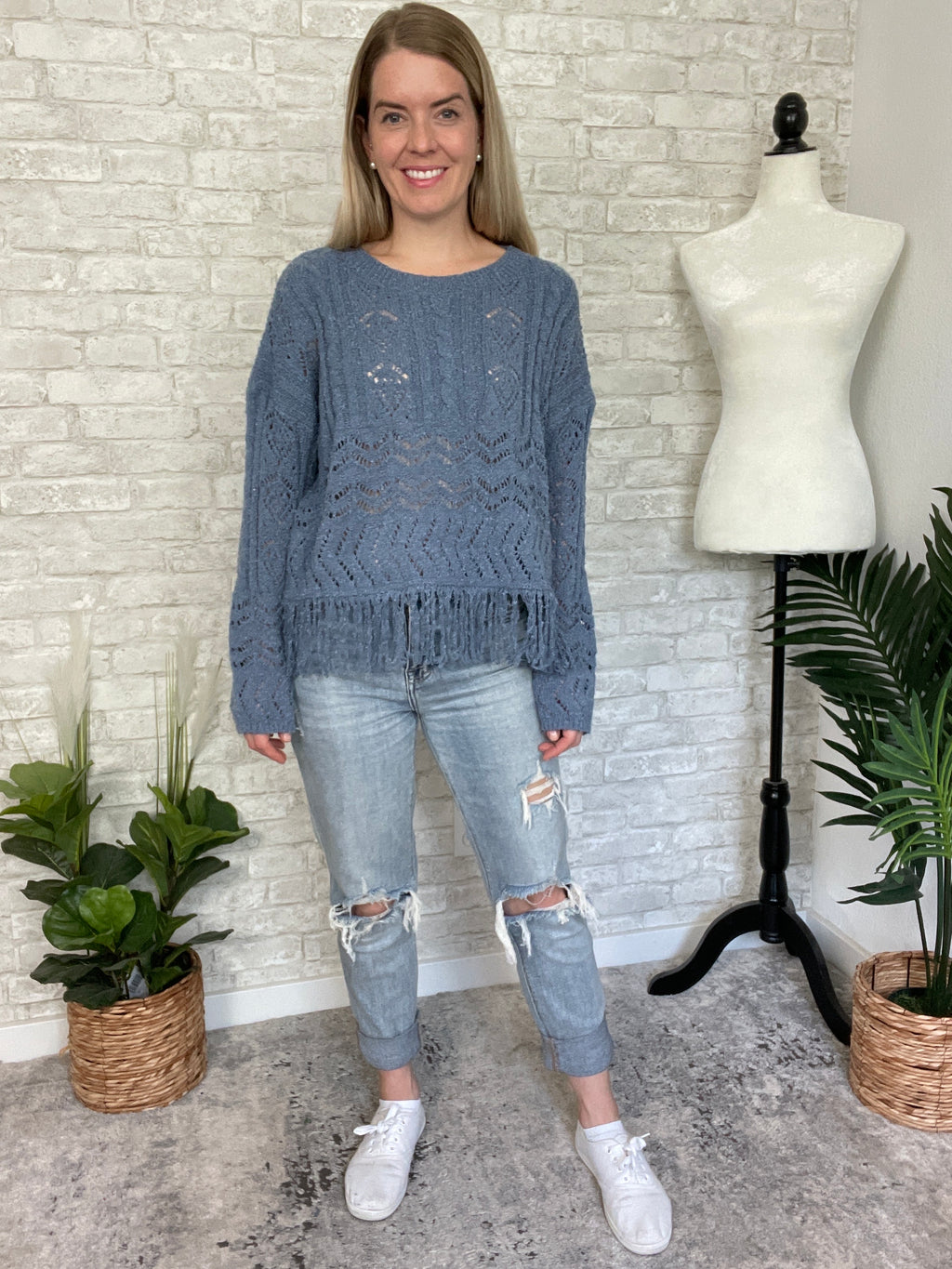 Maeve Tassel Knit Top Vintage Blue