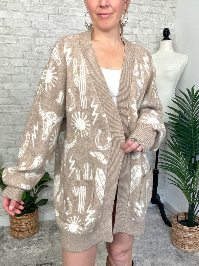 Christy Western Print Cardigan Taupe