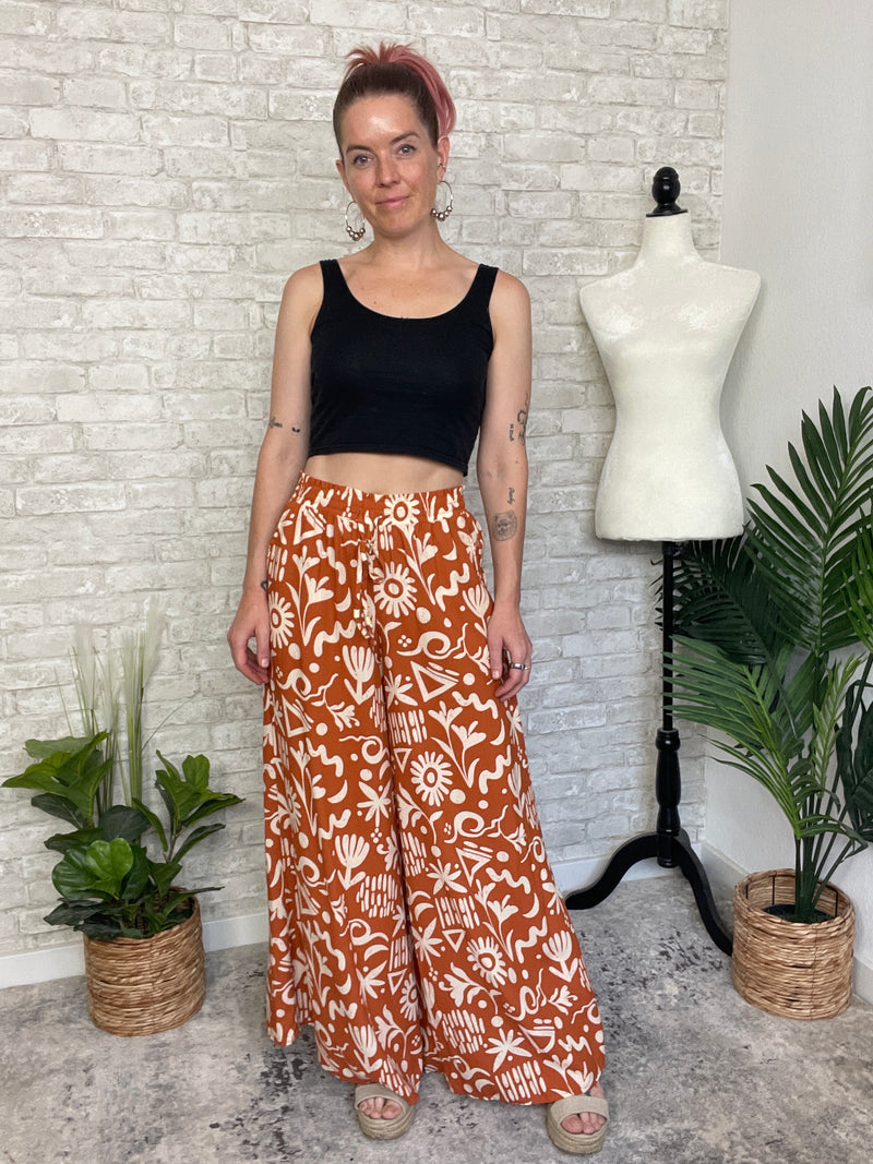 Abstract Swirls Wide Leg Pant - Ginger + Beige